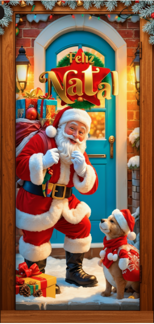 Estampa com Papai Noel carregando presentes e cachorrinho natalino diante de uma porta azul.