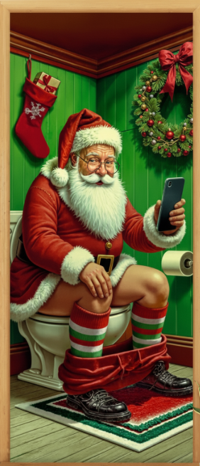 Estampa bem-humorada de Papai Noel sentado no vaso sanitário com celular em um banheiro decorado para o Natal.