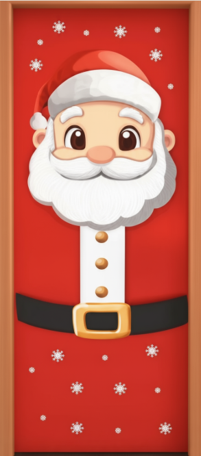 Estampa infantil de Papai Noel sorridente com barba branca, cinto dourado e flocos de neve em fundo vermelho.