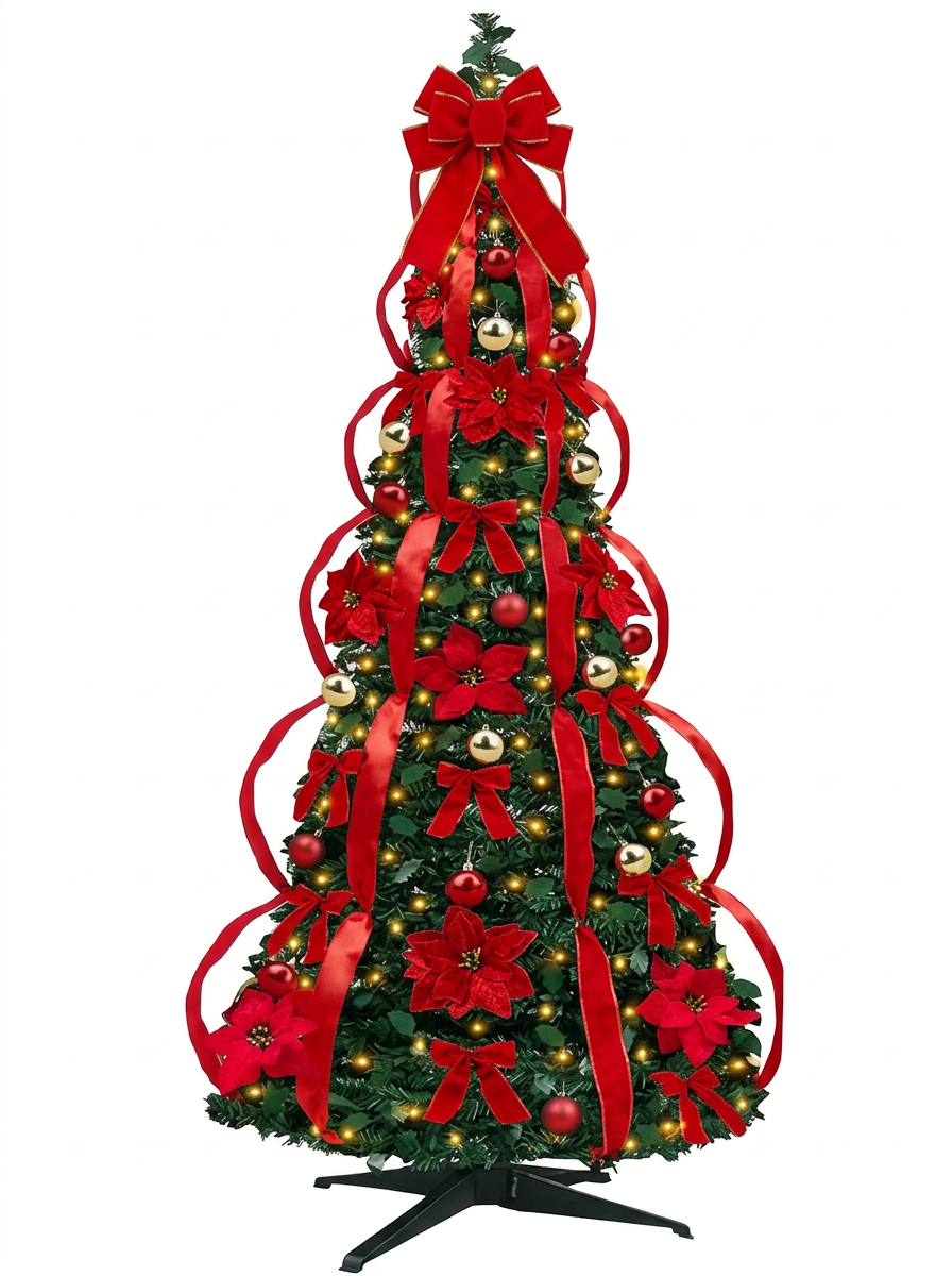 Árvore de Natal Decorada com Laços Vermelhos e Poinsétias, com folhagem verde, decoração abundante e base preta, em fundo neutro
