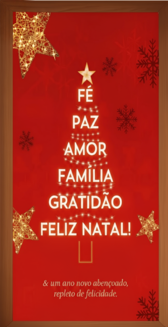 Estampa vermelha com árvore formada pelas palavras fé, paz, amor, família, gratidão e Feliz Natal.
