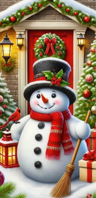 Estampa com boneco de neve de cartola, cachecol vermelho, lanterna e vassoura diante de uma entrada natalina.