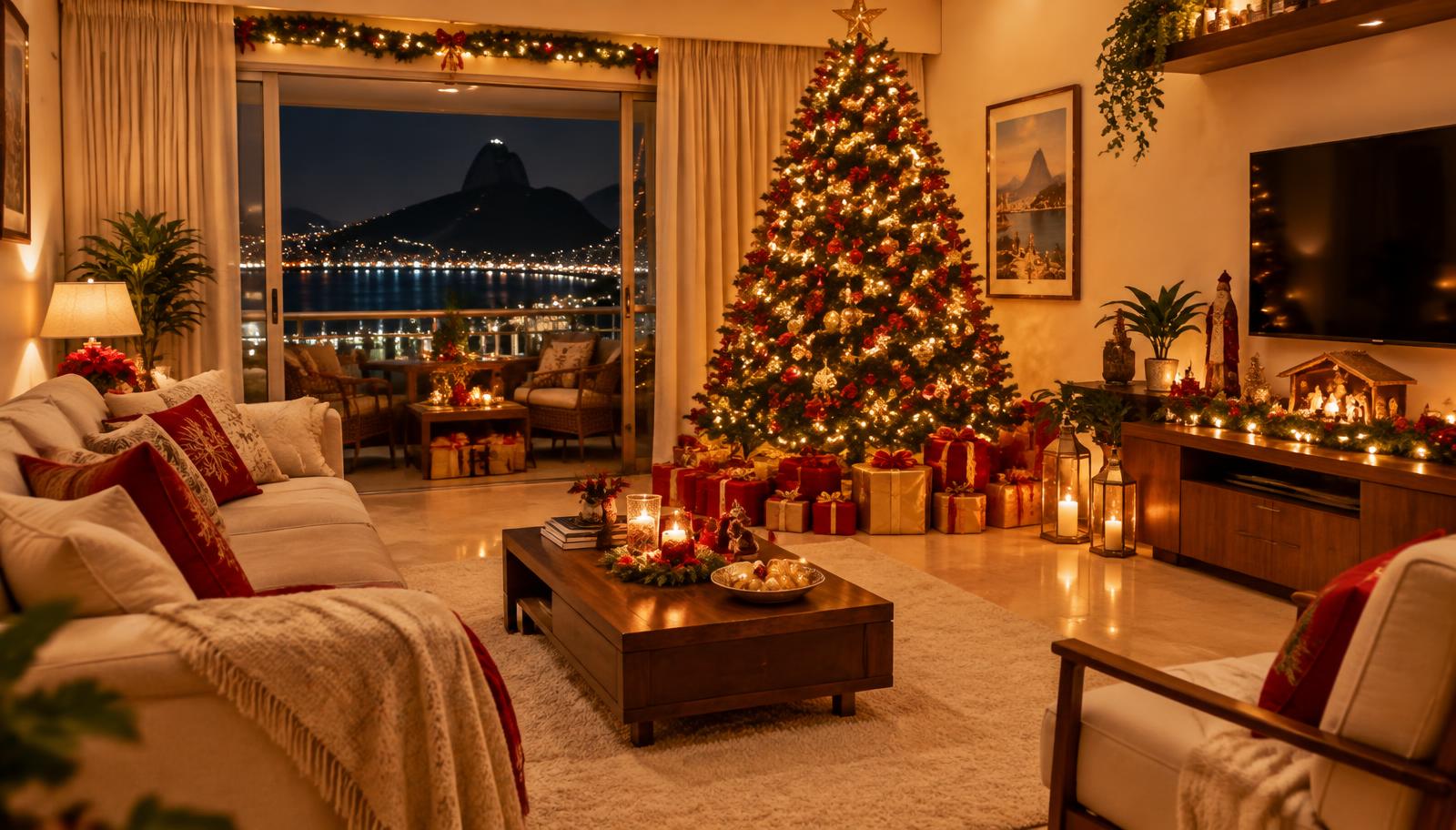 Sala decorada para o Natal com árvore iluminada e presentes